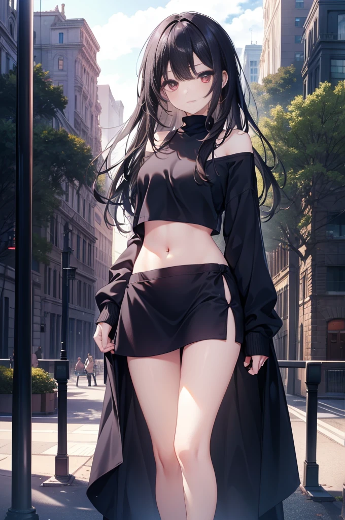 (masterpiece), (best quality), (4k resolution), (anatomy; perfect), , 1 girl, fair skin, red eyes, black hair), detailed eyes, perfect face, (locks, bangs), loose hair, (light effects in hair), eyebrow, nose, ear, tight mouth, smiling, sweatshirt OFF SHOULDER TOP, short skirt, tightig chest), (perfect belly), (perfect waist), Beautiful and perfect legs, standing, background scenery, in the park, new year, beautiful night, night lighting, looking at viewer shy, detailed line art, beautiful artstyle, Open front))), (((Navel )))