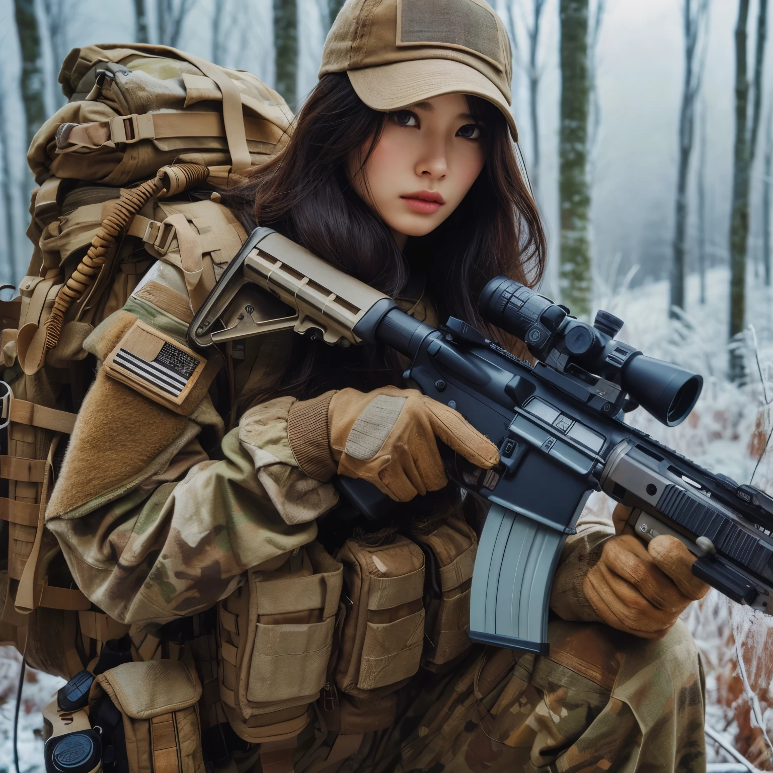 photorealistic、realistic skin texture、automatic rifle、Woodlands