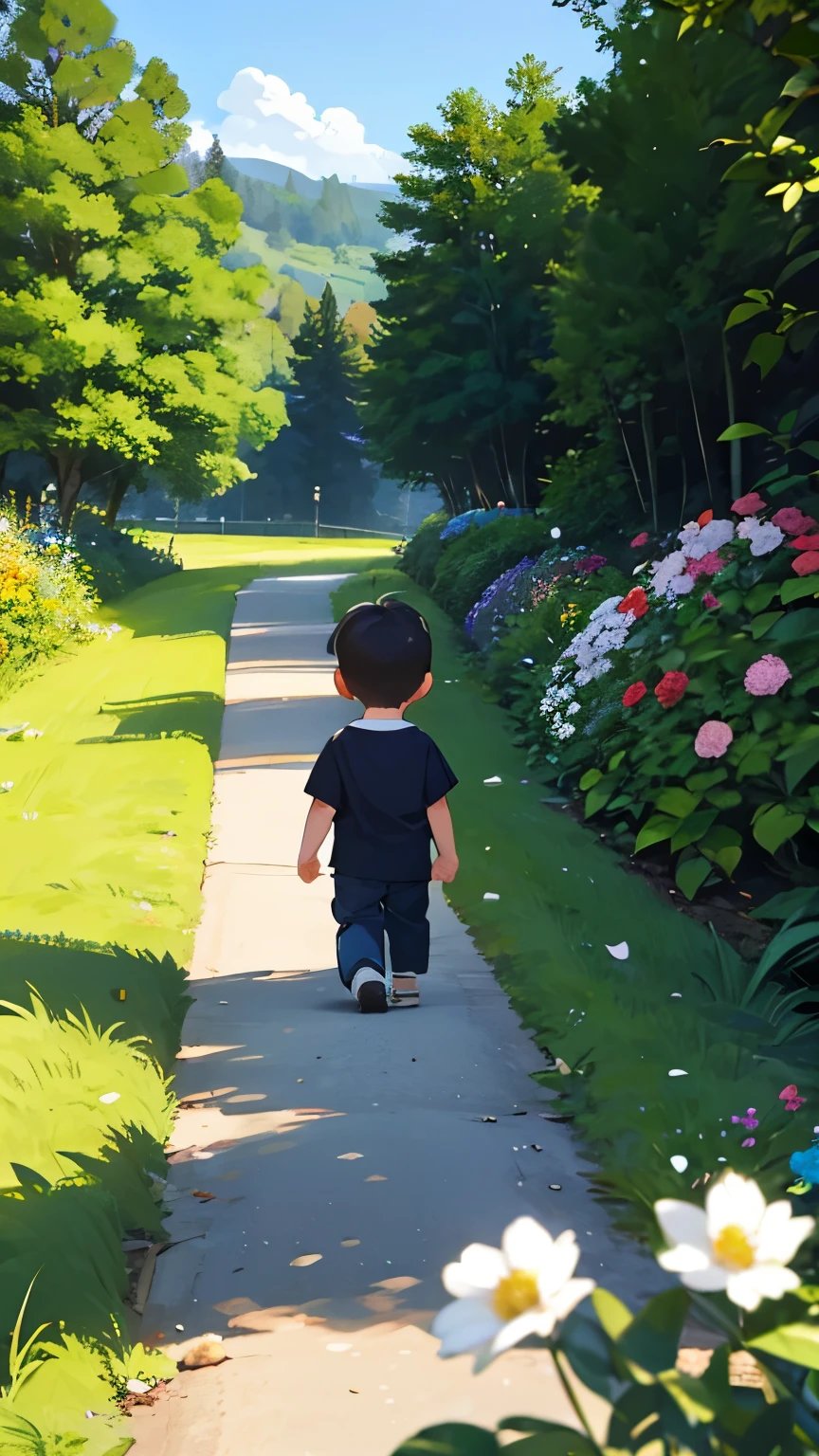 A ********** is observing the kitten walking. The white kitten is in the background of a forest and bushes full of flowers，Korean style