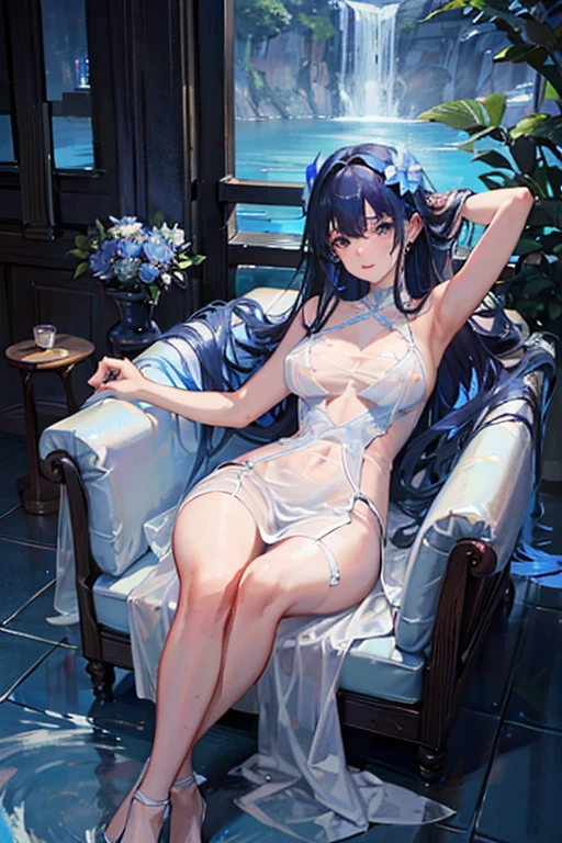 (highest quality, 8K, 32K, masterpiece, UHD: 1.3), 1 female, (Oversized: 1.3), perfect figure,, (attractive), (Sheer skin)) 、((((Transparent see-through dress))))、see-through dresses、lace sheer dress、Transparent dress、Sheer skin、Transparent dressを着た美しい裸の女性、solo、best style、、The most beautiful in the world、unparalleled beauty、long hair、 ((blue bathhouse)),、Blue lighting. concept art stunning atmosphere, blue atmosphere, beautiful concept art, dark majestic gorgeous pool、(blue water辺、blue water)、blue stone、blue stone、blue reflection、Cyan color、get wet in blue water、Blue light、blue flower、Blue roses、Blue World、Expressive、sexy pose、s design、nie