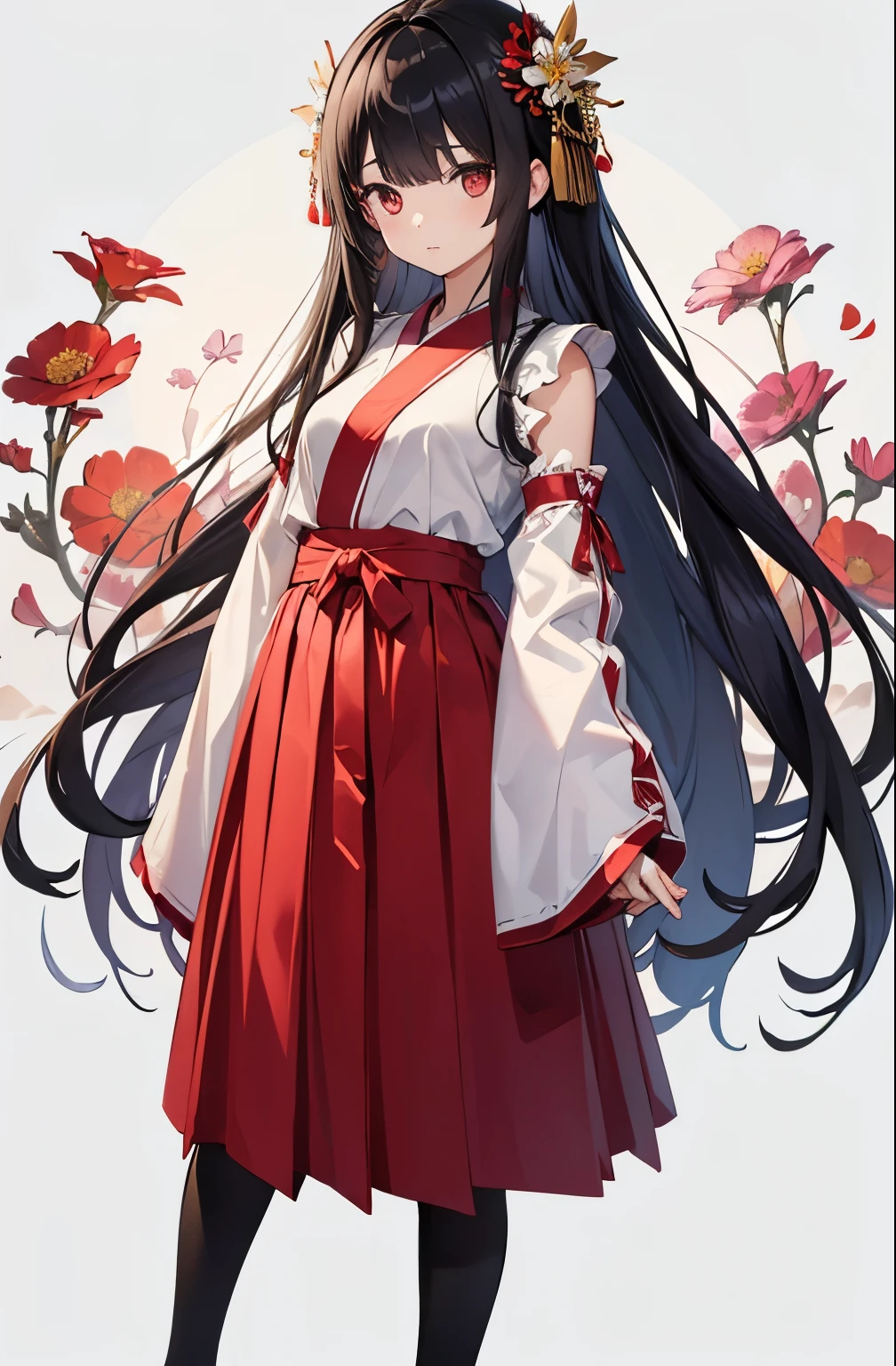 ((highest quality、８K、High resolution、masterpiece、Super detailed))、one android、girl、Full body photo of the front、((standing))、looking at the camera、black hair、Transparent as glass、long straight hair、bangs bangs、Flower kanzashi、Expressionless、（Miko costume）、Hakama skirt、band、No sleeve、wide sleeve、white shirt、Red skirt