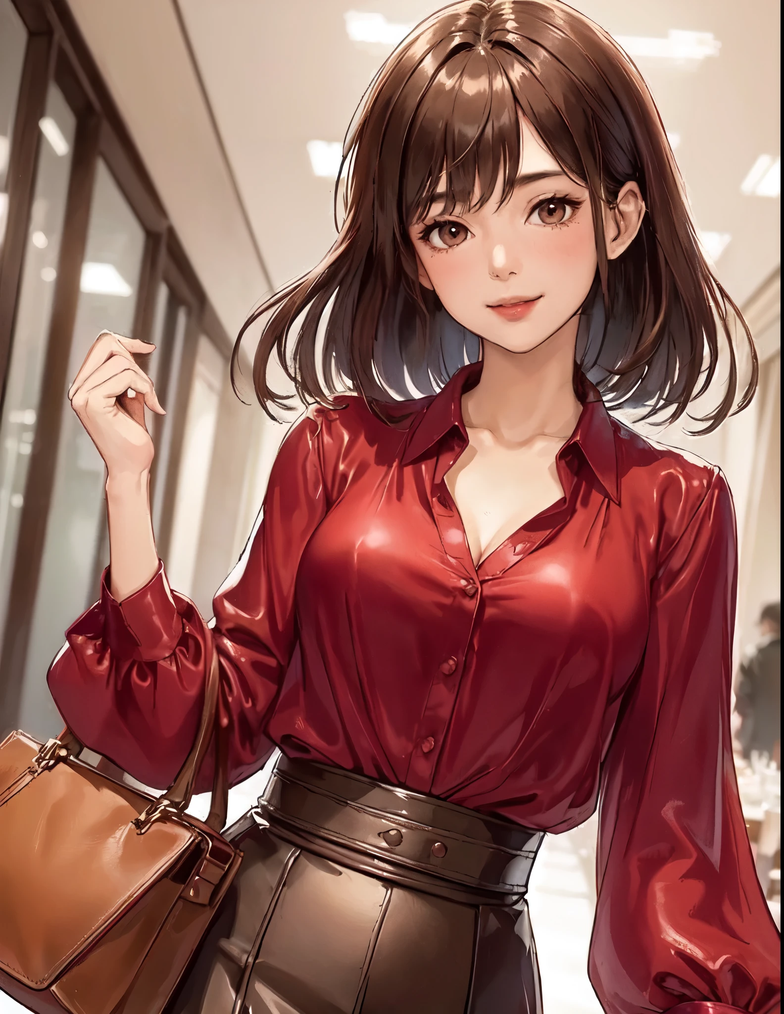 1lady solo, walking slowly, (deep red silk blouse) (leather skirt), mature female, /(brown hair/) bangs, blush light smile, (masterpiece best quality:1.2) delicate illustration ultra-detailed, large breasts BREAK (holding designer's bag) BREAK (corridor of high-end restaurant:1.2) indoors, detailed background