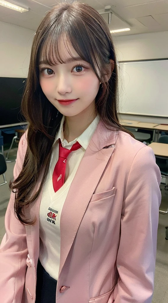 ((highest quality, 8K, masterpiece:1.3)), 1 girl, slim, (hairstyle casual, big:1.2), (pink y-shirt, red tie, dark blue blazer:1.2), super slender face, delicate eyes, double eyelid, bright smile, (classroom:1.0)