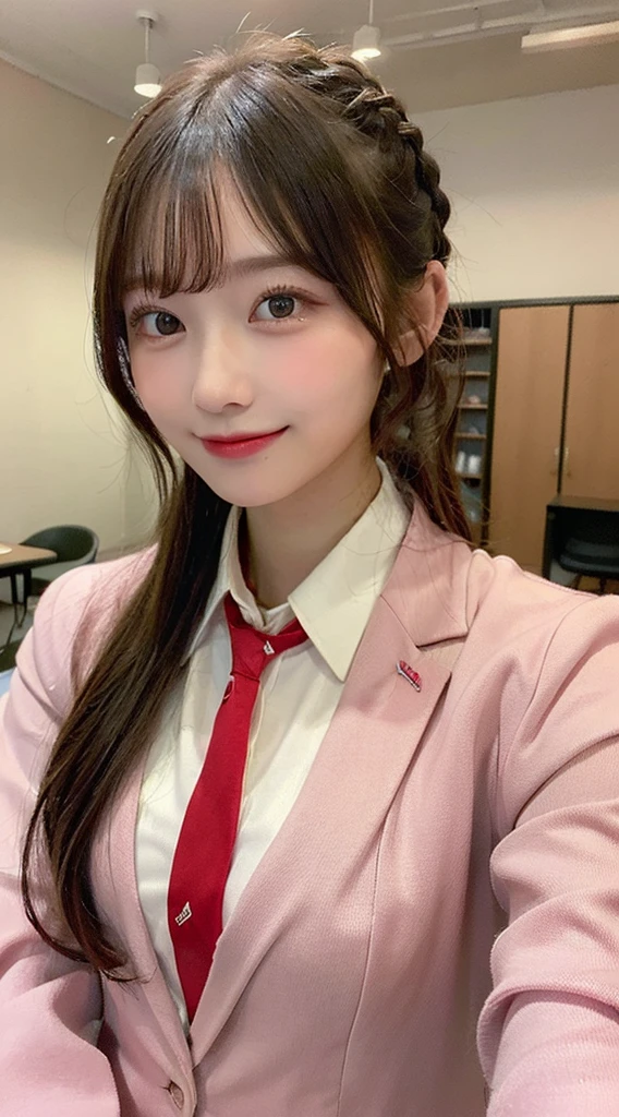 ((highest quality, 8K, masterpiece:1.3)), 1 girl, slim, (hairstyle casual, big:1.2), (pink y-shirt, red tie, dark blue blazer:1.2), super slender face, delicate eyes, double eyelid, bright smile, (classroom:1.0)