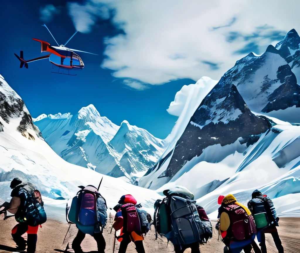 Amidst the breathtaking backdrop of Mount Everest's towering peaks, a group of determined individuals are making their ascent. Suddenly, an urgent evacuation begins as ominous grey clouds roll in, signaling an imminent storm. Helicopters hover above, their blades chopping through the thin air, ready to whisk mountaineers to safety. In this highly-detailed and realistic scene captured in 8k, each person's faces reflect the mixture of relief, anxiety, and exhaustion as they board the choppers. The landscape surrounding them – the jagged cliffs, the snowy terrain, and the azure sky – remains frozen in time, a stark contrast to the