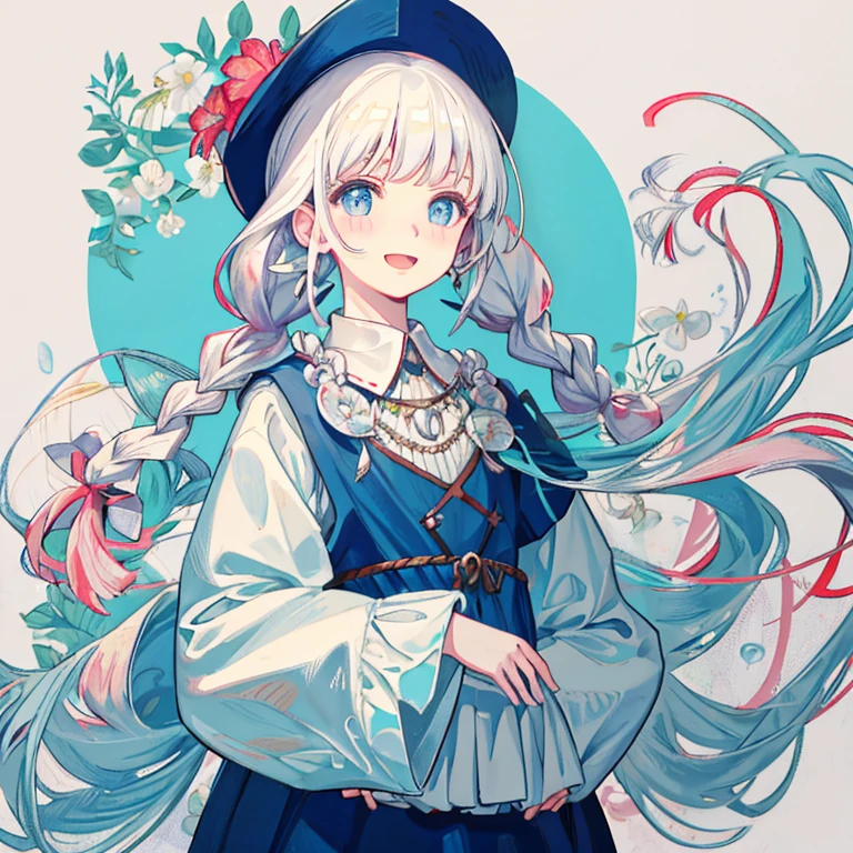 shouhui, 1girl, :d, bangs, blush, braid, floral print, flower, hair flower, hair ornament, long sleeves, looking at viewer, open mouth, simple background, smile, solo, twin braids, upper body, white background, white flower, long hair, blue eyes, skirt, shirt, hat, holding, twintails, jewelry, white shirt, white hair, cowboy shot, earrings, puffy sleeves, collared shirt, artist name, signature, necklace, aqua eyes, leaf, blush stickers, own hands together, plant, red headwear, puffy long sleeves, no nose, limited palette, color guidelimited palette,