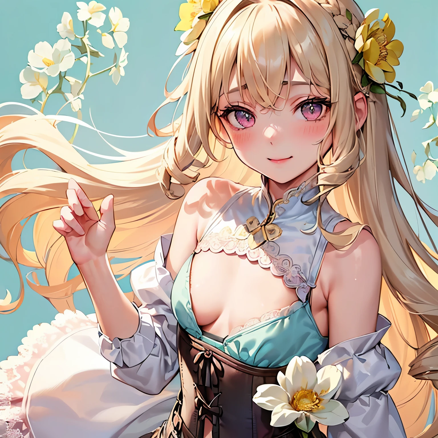 girl,cute,(thin blonde hair:1.2),(long hair with curls:1.2),(With bangs),(Eye size:1.5),(Lace dress:1.3),(corset:1.3),(blush:1.2),(small breasts:1.6),(Smile slightly:1.1),(close up of face:1.5),(flower background:1.5),((white, pink, light blue, and yellow-green)),