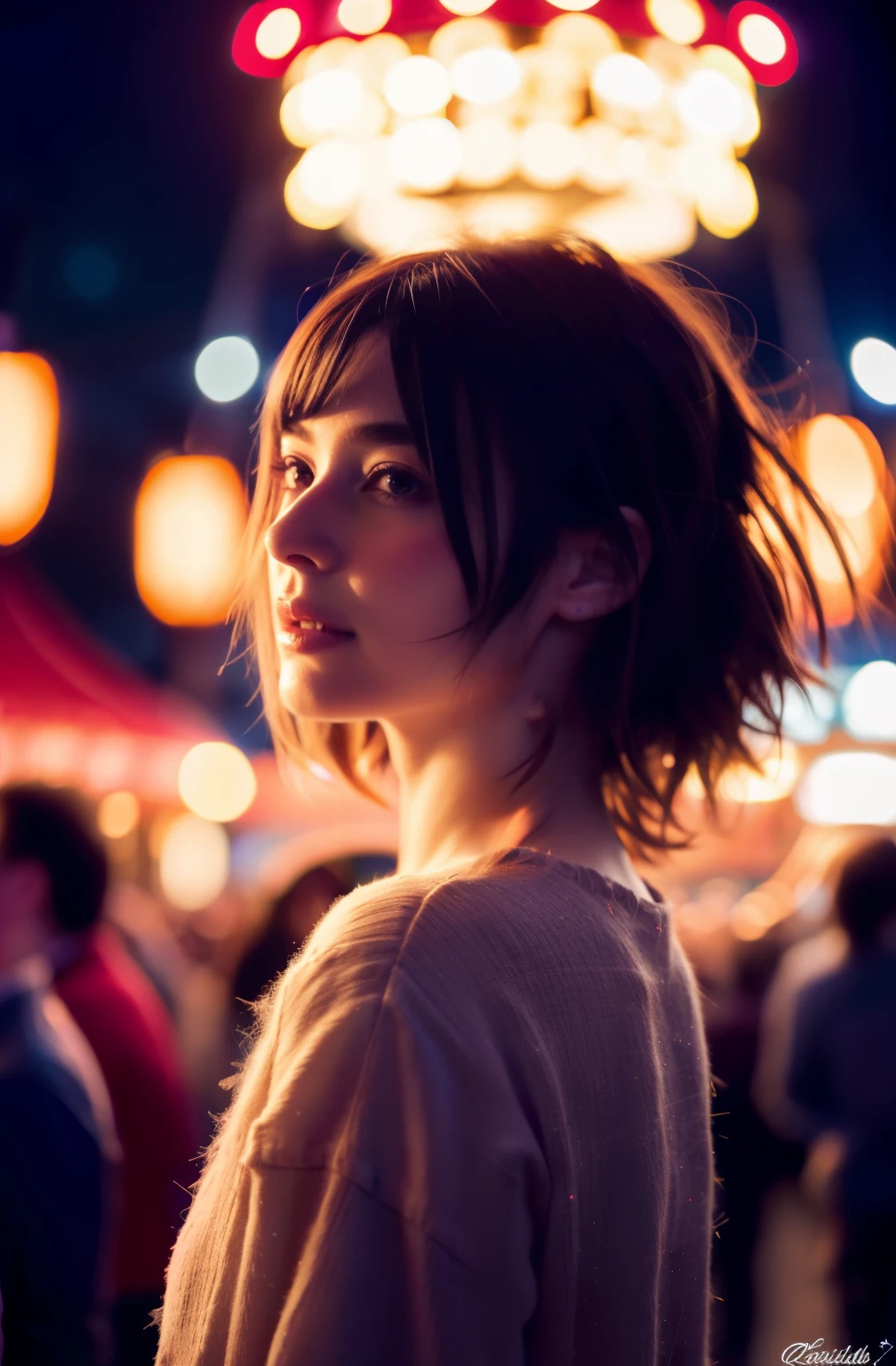 realistic, masterpiece, highres, (glow particles:1.3), moonlight, lens flare,( cinematic light),illustration,Amusement Park, (crowd:1.4),Fireworks,[:(detailed face:1.2):0.2] , detailed, detailed clothing, detailed background ,1 female, 1 lesbian,dynamic pose,30 yo,(disheveled hair:1.2),lustrous skin,wearing white t-shirt, (ear piercing:0.5), (necklace:0.5),  (looking at each other), romantic couple,