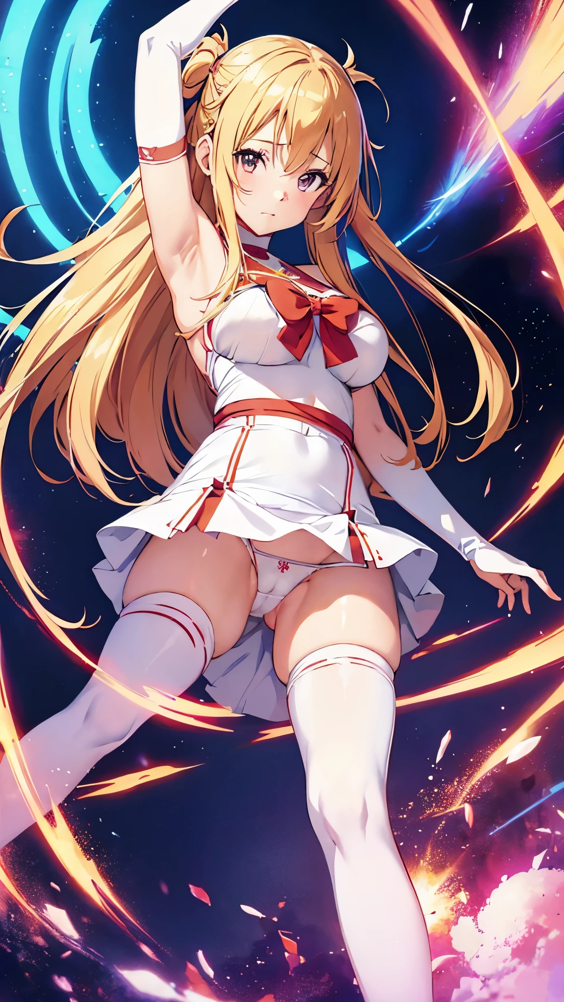 1girl in, Solo, masutepiece, Best Quality, 8K Wallpaper, Asuna, Yuuki Asuna, Sword Art Online, (Anime girl in cheerleader costume), Ecchi anime style, anime moe art style, Marine Kitagawa Fan Art, pixiv, 3DCG, Seductive Anime Girl, cheering, Anime Best Girl, anime goddess, popular on pixiv, (Anime Girl), Beautiful charming anime , ((((White panty, Areola, Cameltoe)))), Armpits,