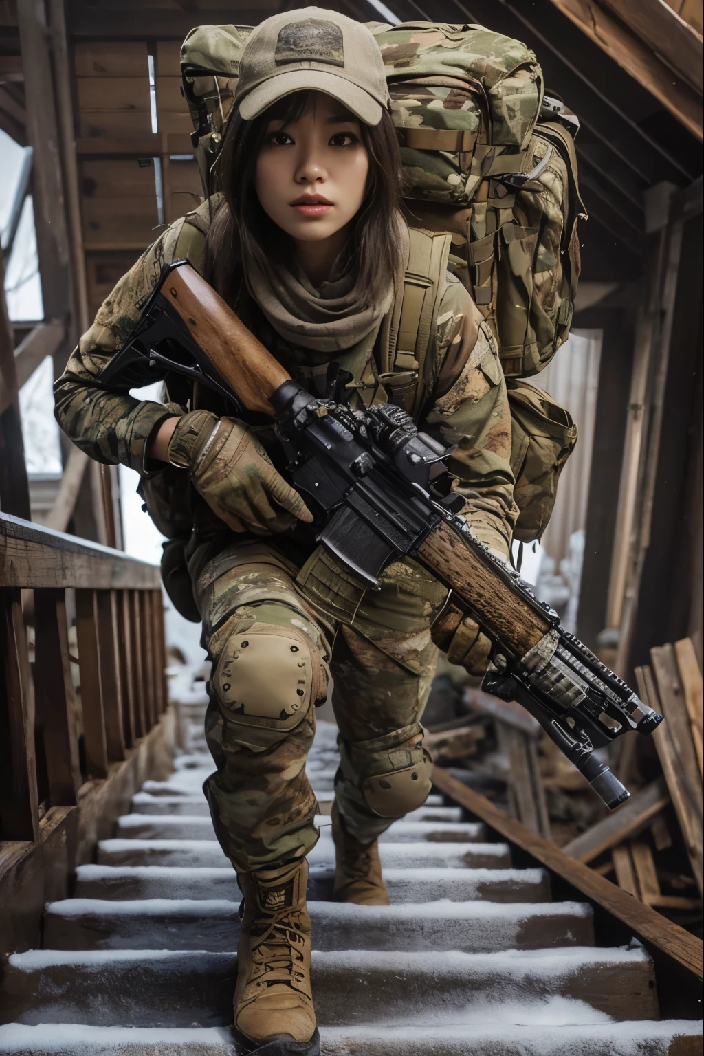 photorealistic、realistic skin texture、automatic rifle、Woodlands