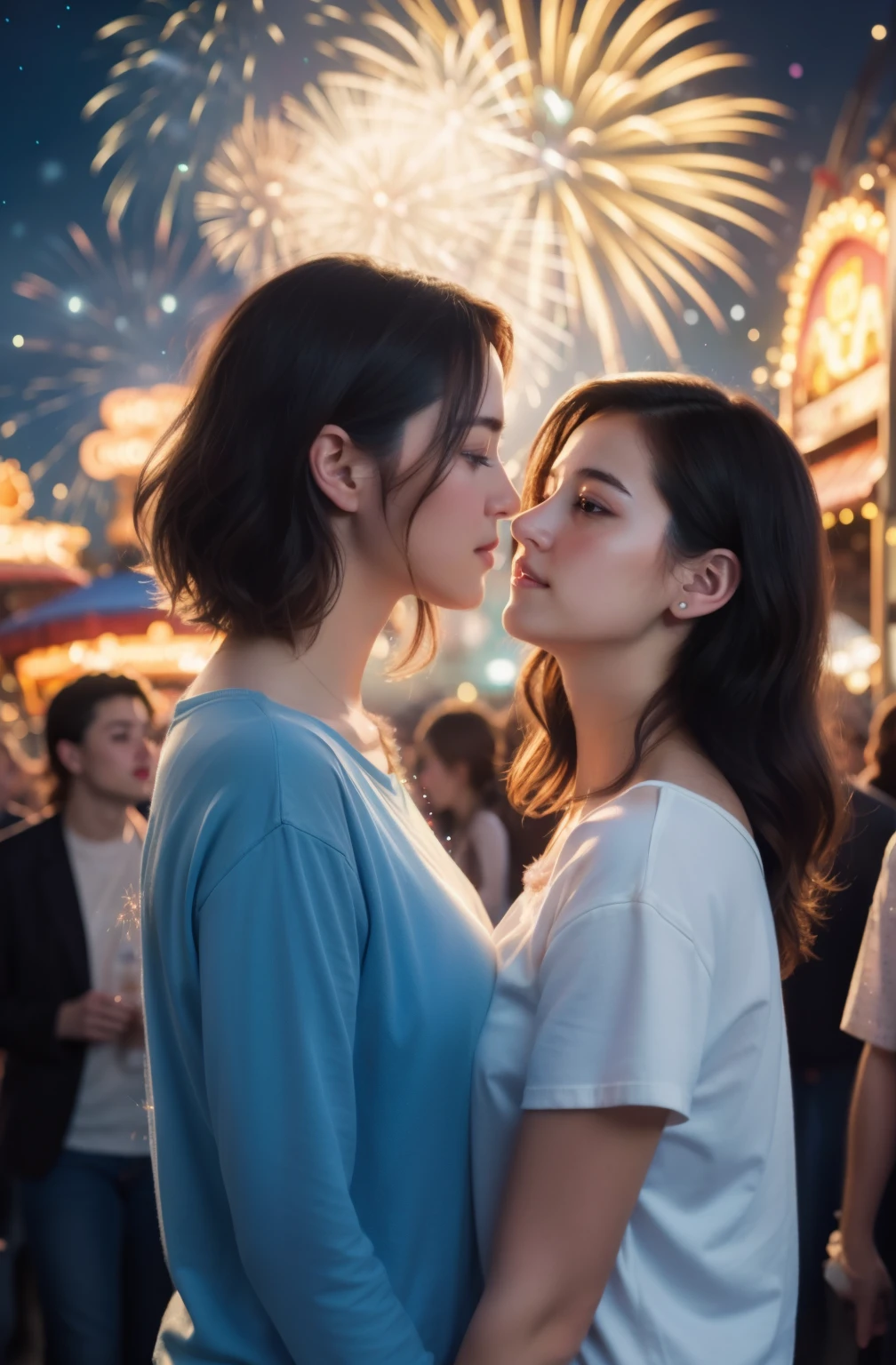 realistic, masterpiece, highres, (glow particles:1.3), moonlight, lens flare,( cinematic light),illustration,Amusement Park, (crowd:1.4),Fireworks,[:(detailed face:1.2):0.2] , detailed, detailed clothing, detailed background ,1 female, 1 lesbian,dynamic pose,30 yo,(disheveled hair:1.2),lustrous skin,wearing white t-shirt, (ear piercing:0.5), (necklace:0.5),  (looking at each other), romantic couple,