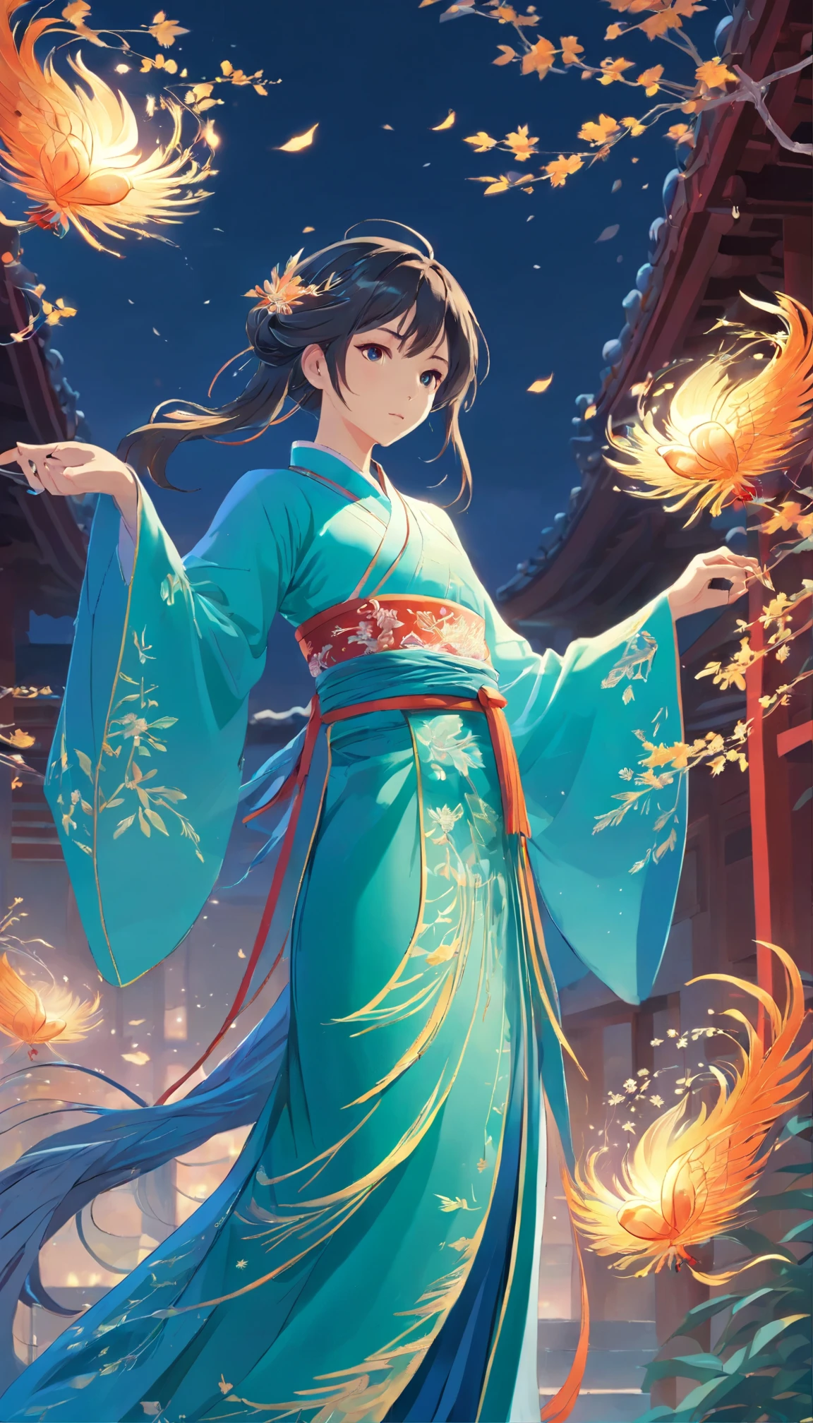 Stunning Chinese Hanfu，Embroidered with crystal translucent branches. The branches shine like diamonds. The phoenix comes to life，Dragging a 2-meter skirt. It's beautiful, Noble, Turquoise, magic, Octane rendering, Surreal, Light background
