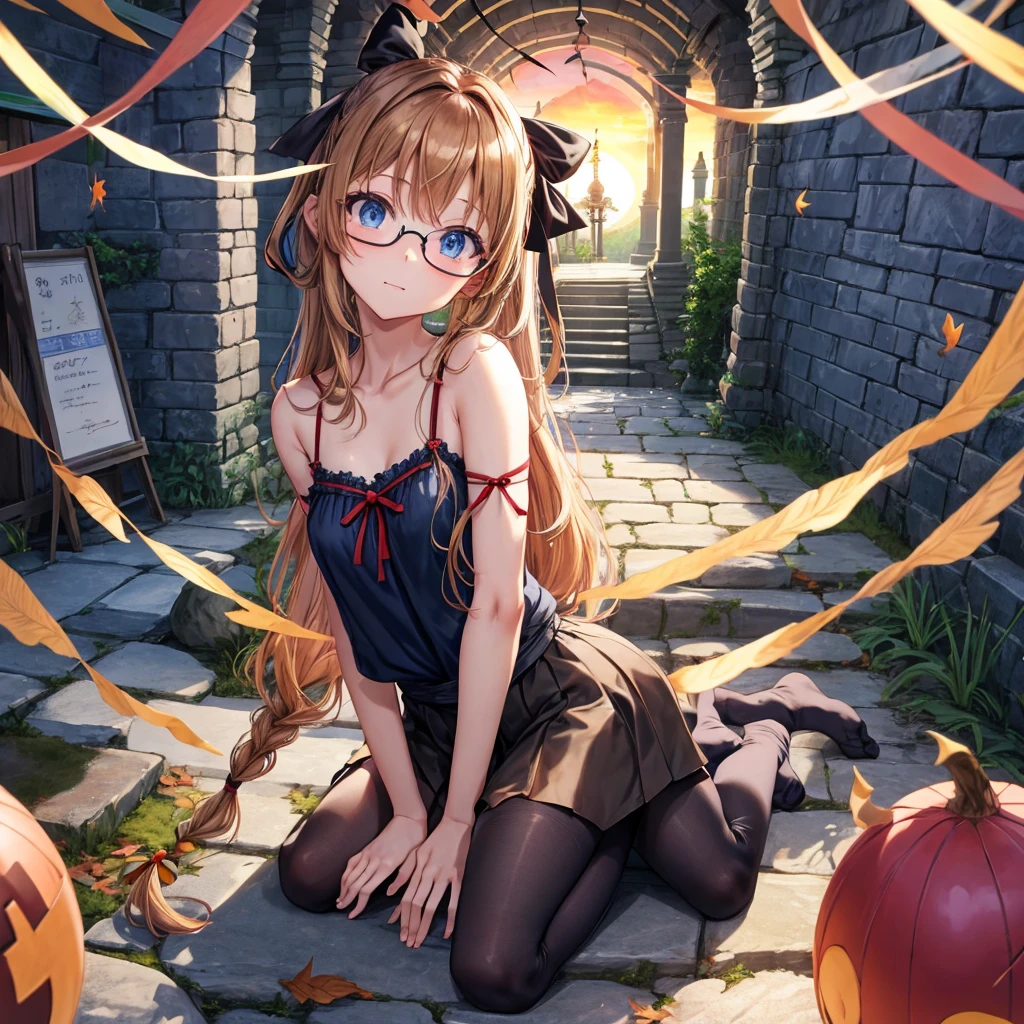 reddish-brown blonde、blue hair、blue eyes、Braid、one good looking girl、solo、anime、lattice柄のミニスカート、camisole、black t-shirt、Tilting your face、Doing the ribbon、Ribbon at waist、sunset sky、stone stairs、tunnel、Fallen leaves、wearing glasses、Burning、Light and shadow、maze、balloon、monster castle、lanthanum、corridor、Black socks、mossy stone、One leg is raised、lattice