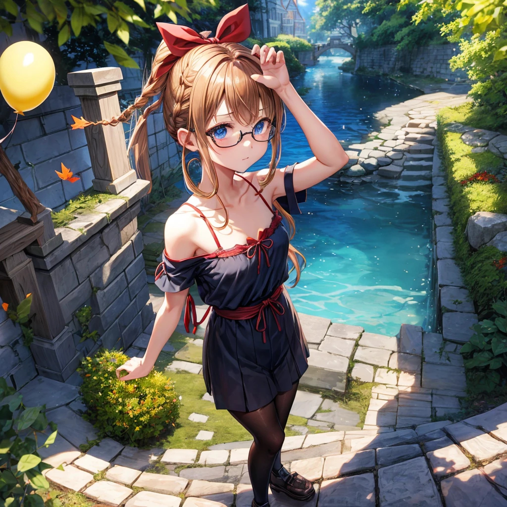 reddish-brown blonde、blue hair、blue eyes、Braid、one good looking girl、solo、anime、lattice柄のミニスカート、camisole、black t-shirt、Tilting your face、Doing the ribbon、Ribbon at waist、sunset sky、stone stairs、tunnel、Fallen leaves、wearing glasses、Burning、Light and shadow、maze、balloon、monster castle、lanthanum、corridor、Black socks、mossy stone、One leg is raised、lattice