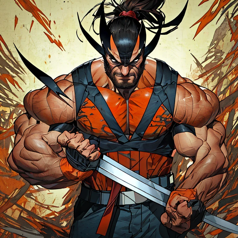 (Best Quality, 4k, 8K, high resolution, Masterpiece: 1.2), Wolverine in Ronin Samurai attire, brown hair with adamantium claws, dark blue samurai jacket, red hakama, black obi, white japanese undergarment, katana sword in hand.

Wolverine, in the Ronin Samurai outfit, poses with a serious expression. The sun sets behind him, casting an orange glow over his muscular frame. Katana in hand, he exudes a sense of determination and readiness. His brown hair is tied back in a topknot, and his adamantium claws pe