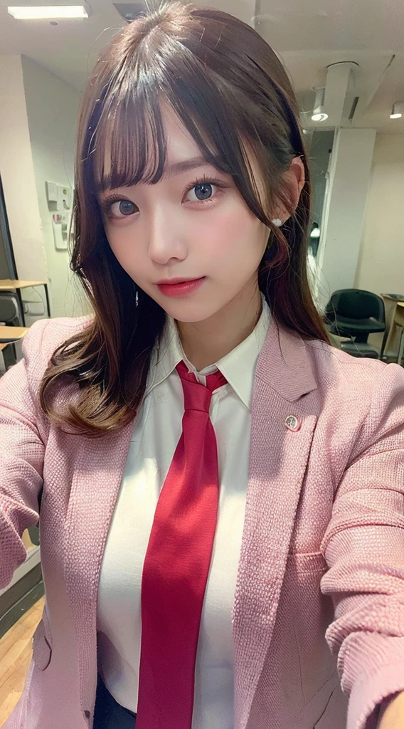 ((highest quality, 8K, masterpiece:1.3)), 1 girl, slim, (hairstyle casual, big:1.2), (pink y-shirt, red tie, dark blue blazer:1.2), super slender face, delicate eyes, double eyelid, bright smile, (classroom:1.0)