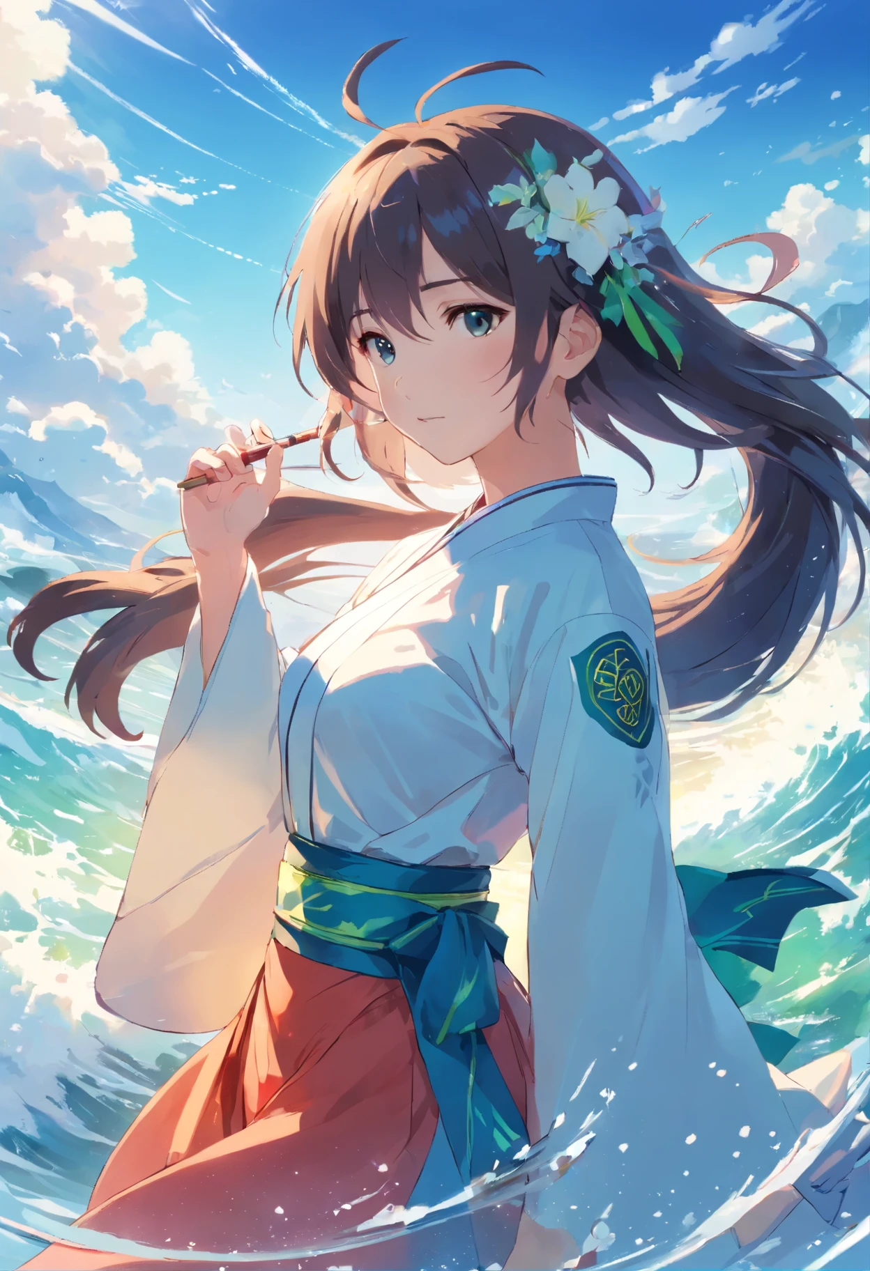 ((Masterpiece,Best quality)),(1girll, Solo:1.4),美丽细致的眼睛，floated hair，white backgrounid，Buble，Fluorescence，Water made up of girls，Gorgeous Chinese costumes,clean backdrop，National tide wind，​​clouds，wave，Eau，wave，Water Technique，1girll，Flying long hair，florals，An oriental dragon composed of water，Cyan and white，Works of masters，HighestQuali，high detal，8K