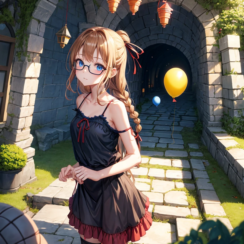 reddish-brown blonde、blue hair、blue eyes、Braid、one good looking girl、solo、anime、lattice柄のミニスカート、camisole、black t-shirt、Tilting your face、Doing the ribbon、Ribbon at waist、sunset sky、stone stairs、tunnel、Fallen leaves、wearing glasses、Burning、Light and shadow、maze、balloon、monster castle、lanthanum、corridor、Black socks、mossy stone、One leg is raised、lattice