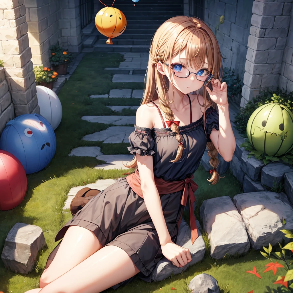 reddish-brown blonde、blue hair、blue eyes、Braid、one good looking girl、solo、anime、lattice柄のミニスカート、camisole、black t-shirt、Tilting your face、Doing the ribbon、Ribbon at waist、sunset sky、stone stairs、tunnel、Fallen leaves、wearing glasses、Burning、Light and shadow、maze、balloon、monster castle、lanthanum、corridor、Black socks、mossy stone、One leg is raised、lattice