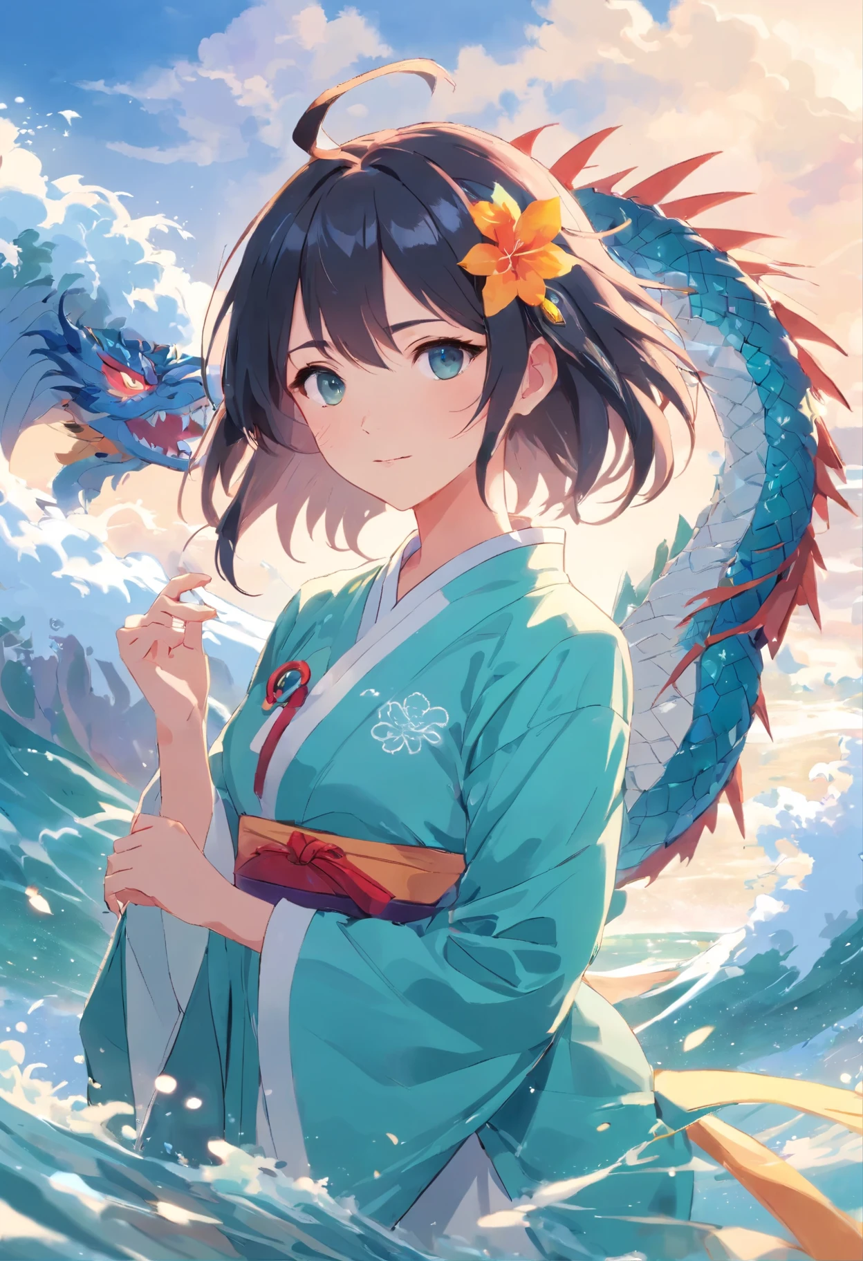 ((Masterpiece,Best quality)),(1girll, Solo:1.4),美丽细致的眼睛，floated hair，white backgrounid，Buble，Fluorescence，Water made up of girls，Gorgeous Chinese costumes,clean backdrop，National tide wind，​​clouds，wave，Eau，wave，Water Technique，1girll，Flying long hair，florals，An oriental dragon composed of water，Cyan and white，Works of masters，HighestQuali，high detal，8K