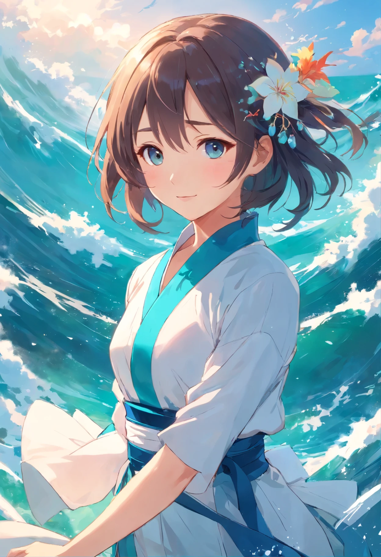 ((Masterpiece,Best quality)),(1girll, Solo:1.4),美丽细致的眼睛,floated hair,white backgrounid,Buble,Fluorescence,Water made up of girls,Gorgeous Chinese costumes,clean backdrop,National tide wind,clouds,wave,Eau,wave,Water Technique,1girll,Flying long hair,florals,An oriental dragon composed of water,Cyan and white,Works of masters,HighestQuali,high detal,8K