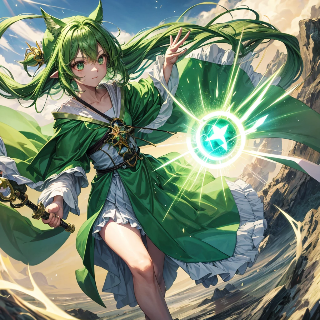 highest quality、Magical girl、green hair、green eyes、green robe、Green Wizard Hat、Sorcerer's Wand、wind magic、The wind blows around the cane.、battle