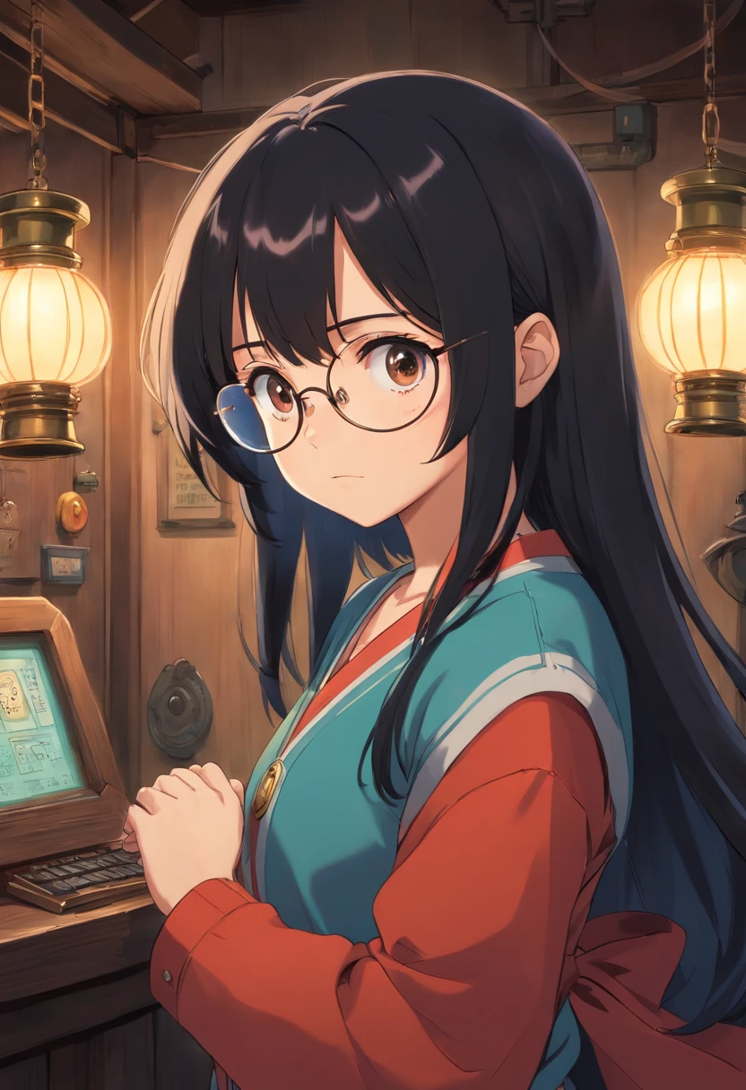 glasses　girl　black hair　dark room　cute　sad　Whimpering　looking down　one piece　My eyes are hidden　long bangs　Ghibli　anime　beautiful　Highest image quality　be familiar with　detailed　beautiful　