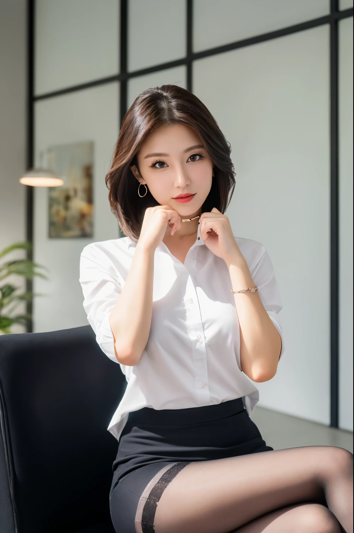 Woman in office room, white wall, Gray table, plant, window, sexy posester piece))), ((highest quality)), ((Complex)), ((surreal)), stupid reply, mature woman, mature woman, perspective, very detailed, figure, 1 girl, perfect hands, finger details, beautiful and fine eyes, short hair, brown eyes, chief executive officer(CEO), (business attire:1.2), open office shirt, Tight Skirt, black choker, earrings, (Ultra-realistic stockings:1.2), detailed background, Bedroom, perfect eyes, enchanting eyes, looking at the viewer, from below, realistic skin texture、shiny skin、exposed thighs!!!