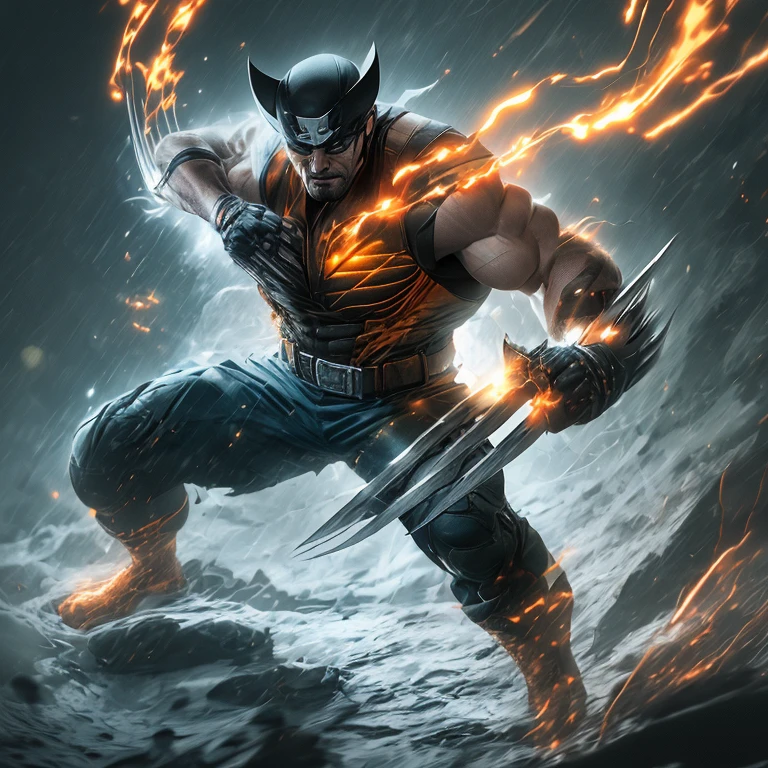 (Best Quality, 4k, 8K, high resolution, Masterpiece: 1.2), Wolverine in Ronin Samurai attire, brown hair with adamantium claws, dark blue samurai jacket, red hakama, black obi, white japanese undergarment, katana sword in hand.

Wolverine, in the Ronin Samurai outfit, poses with a serious expression. The sun sets behind him, casting an orange glow over his muscular frame. Katana in hand, he exudes a sense of determination and readiness. His brown hair is tied back in a topknot, and his adamantium claws pe