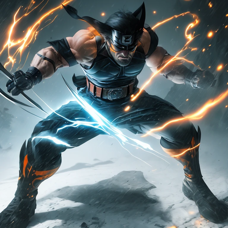 (Best Quality, 4k, 8K, high resolution, Masterpiece: 1.2), Wolverine in Ronin Samurai attire, brown hair with adamantium claws, dark blue samurai jacket, red hakama, black obi, white japanese undergarment, katana sword in hand.

Wolverine, in the Ronin Samurai outfit, poses with a serious expression. The sun sets behind him, casting an orange glow over his muscular frame. Katana in hand, he exudes a sense of determination and readiness. His brown hair is tied back in a topknot, and his adamantium claws pe