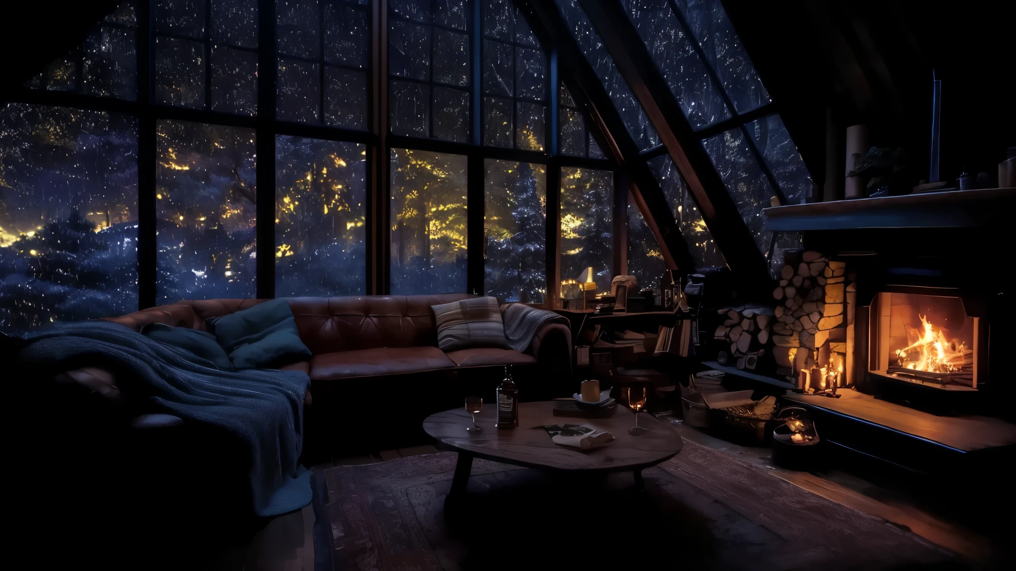 describes a comfortable indoor atmosphere at night or late at night. large windows overlooking the forest, A roaring fire burns brightly in the fireplace, illuminating parts of the room and casting shadows in others.gloomy lighting, , gloomy cinematic lighting, cabin in the woods, rain at night, atmospheric rendering, inside cabin, rendered scene, low-lit scene, low-lit dark scene, Armchair placed near the fireplace; it's inviting and looks comfortable. A blanket casually covered one side. Outside the large windows, the rain was pouring down, covering the trees and creating a monsoon wonderland scene that contrasted with the warmth inside. A shelf containing various items visible next to the fireplace adds character to this living room