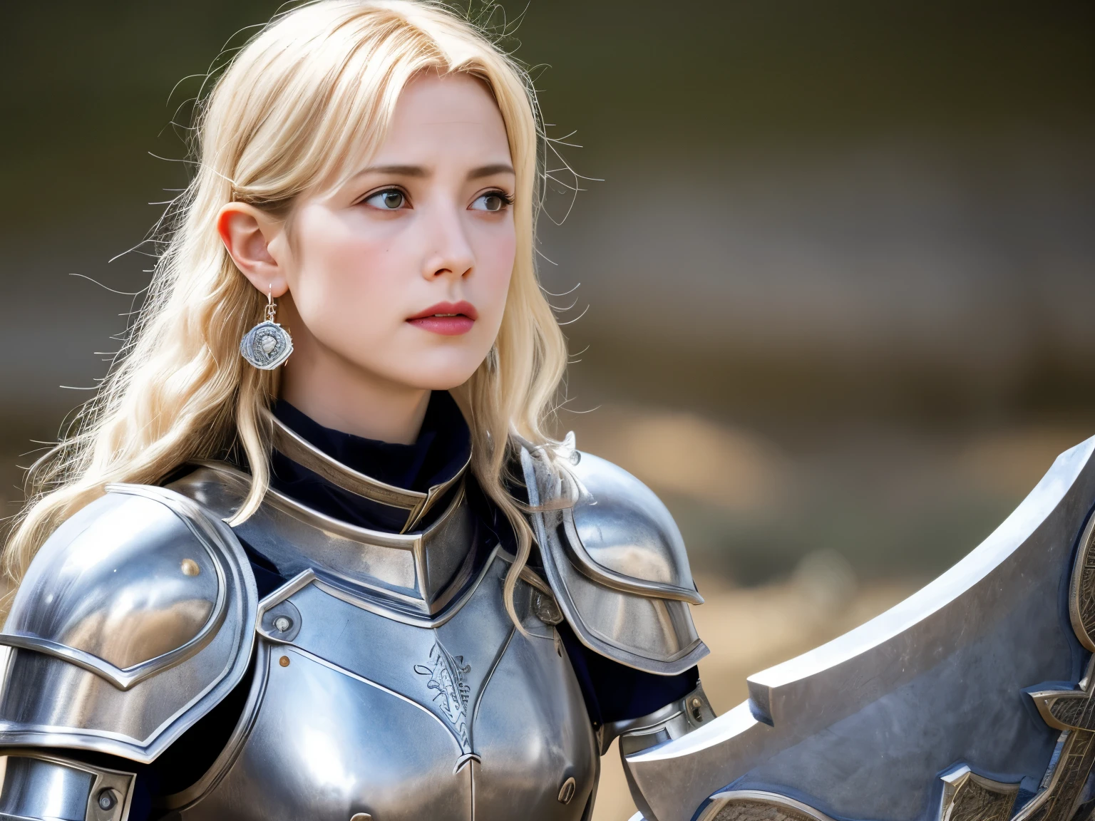 1 girl, Middle Earth Paladin ,Wearing armor ,Magic sword and powerful shield, Detail armor, Rusty armor, chain armor, Queen's Crown, Fight goblins to protect innocent villagers, witch, short, thin, square face, olive skin, platinum blonde, golden eyes, short Nose, thin Lips, round chin, Shoulder length hair, curls, blunt bangs, soft breasts, hug earrings, lavender satin lipstick, volcanic wasteland, River of fire flows into molten sea, (close up:1), (look at the audience),8k, (best quality:1.2), (masterpiece:1.37), (photo, photorealistic:1.37), (ultra high resolution), photographed by Canan EOS R6, 135mm, 1/1/2.8, ISO 400