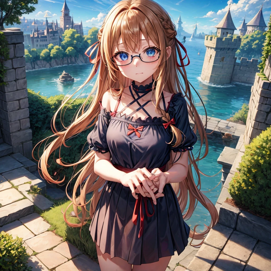 reddish-brown blonde、blue hair、blue eyes、Braid、one good looking girl、solo、anime、lattice柄のミニスカート、camisole、black t-shirt、Tilting your face、Doing the ribbon、Ribbon at waist、sunset sky、stone stairs、tunnel、Fallen leaves、wearing glasses、Burning、Light and shadow、maze、balloon、monster castle、lanthanum、corridor、Black socks、mossy stone、One leg is raised、lattice