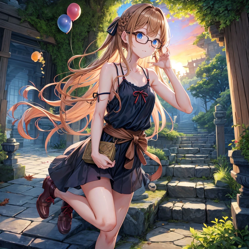 reddish-brown blonde、blue hair、blue eyes、Braid、one good looking girl、solo、anime、lattice柄のミニスカート、camisole、black t-shirt、Tilting your face、Doing the ribbon、Ribbon at waist、sunset sky、stone stairs、tunnel、Fallen leaves、wearing glasses、Burning、Light and shadow、maze、balloon、monster castle、lanthanum、corridor、Black socks、mossy stone、One leg is raised、lattice