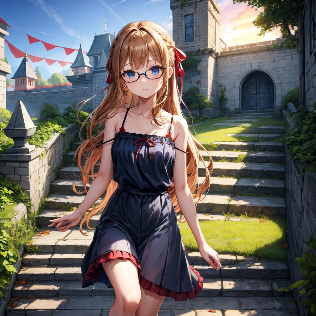 reddish-brown blonde、blue hair、blue eyes、Braid、one good looking girl、solo、anime、lattice柄のミニスカート、camisole、black t-shirt、Tilting your face、Doing the ribbon、Ribbon at waist、sunset sky、stone stairs、tunnel、Fallen leaves、wearing glasses、Burning、Light and shadow、maze、balloon、monster castle、lanthanum、corridor、Black socks、mossy stone、One leg is raised、lattice