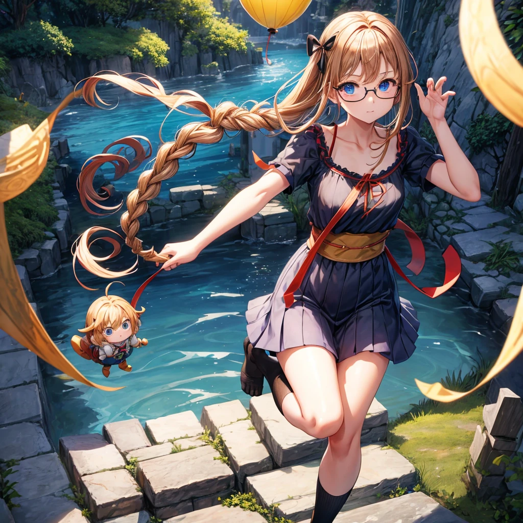 reddish-brown blonde、blue hair、blue eyes、Braid、one good looking girl、solo、anime、lattice柄のミニスカート、camisole、black t-shirt、Tilting your face、Doing the ribbon、Ribbon at waist、sunset sky、stone stairs、tunnel、Fallen leaves、wearing glasses、Burning、Light and shadow、maze、balloon、monster castle、lanthanum、corridor、Black socks、mossy stone、One leg is raised、lattice
