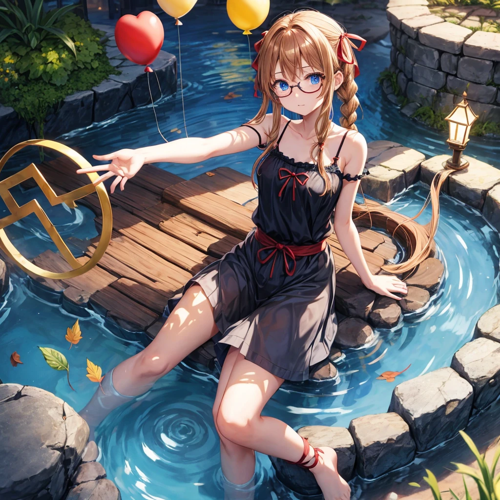 reddish-brown blonde、blue hair、blue eyes、Braid、one good looking girl、solo、anime、lattice柄のミニスカート、camisole、black t-shirt、Tilting your face、Doing the ribbon、Ribbon at waist、sunset sky、stone stairs、tunnel、Fallen leaves、wearing glasses、Burning、Light and shadow、maze、balloon、monster castle、lanthanum、corridor、Black socks、mossy stone、One leg is raised、lattice
