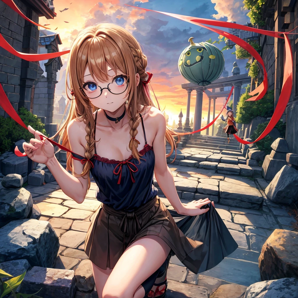 reddish-brown blonde、blue hair、blue eyes、Braid、one good looking girl、solo、anime、lattice柄のミニスカート、camisole、black t-shirt、Tilting your face、Doing the ribbon、Ribbon at waist、sunset sky、stone stairs、tunnel、Fallen leaves、wearing glasses、Burning、Light and shadow、maze、balloon、monster castle、lanthanum、corridor、Black socks、mossy stone、One leg is raised、lattice