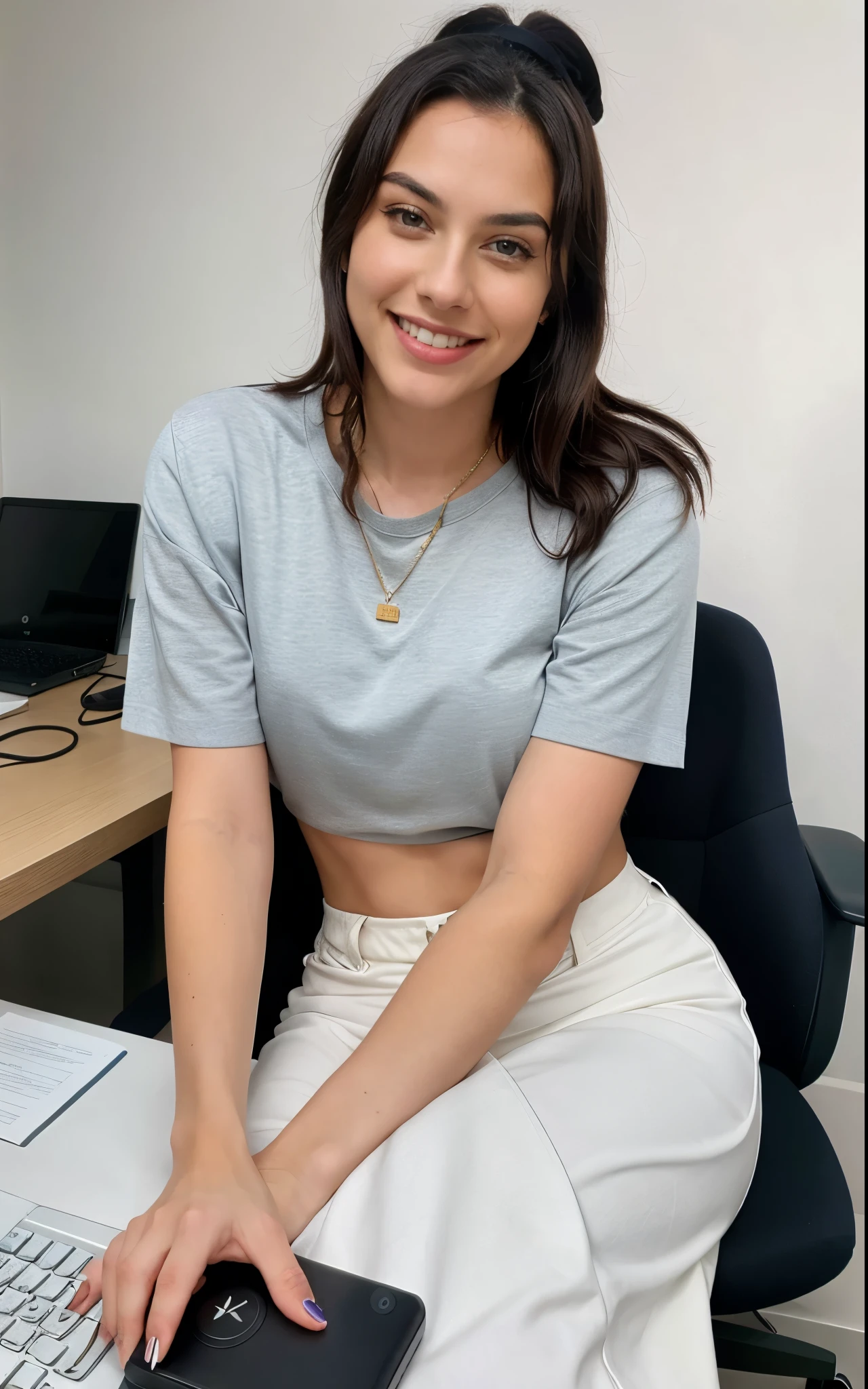 Kodak disposable camera photo of a beautiful female, smiling suggestively, sitting in an office