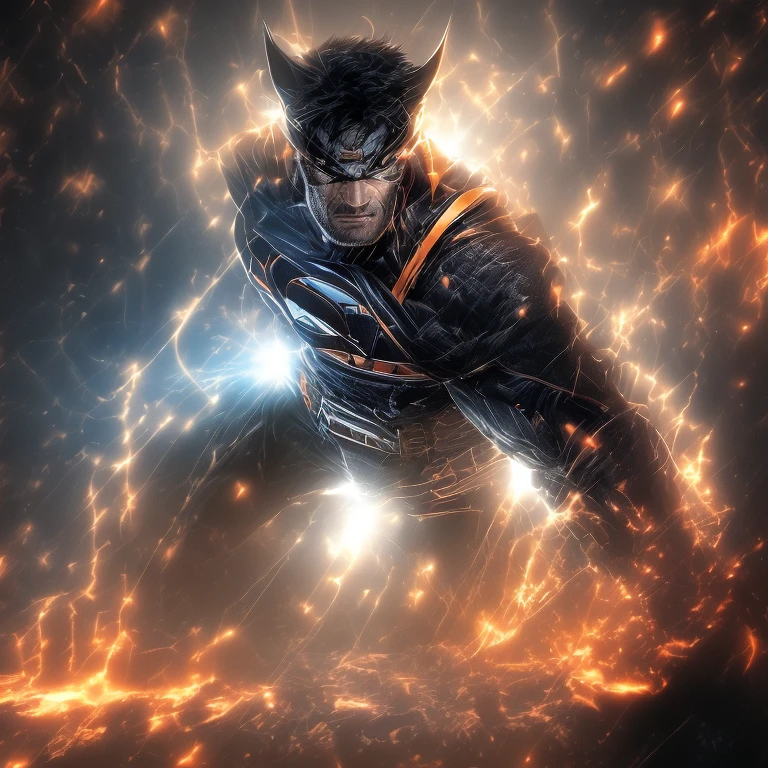 (Best Quality, 4k, 8K, high resolution, Masterpiece: 1.2), Wolverine in Ronin Samurai attire, brown hair with adamantium claws, dark blue samurai jacket, red hakama, black obi, white japanese undergarment, katana sword in hand.

Wolverine, in the Ronin Samurai outfit, poses with a serious expression. The sun sets behind him, casting an orange glow over his muscular frame. Katana in hand, he exudes a sense of determination and readiness. His brown hair is tied back in a topknot, and his adamantium claws pe