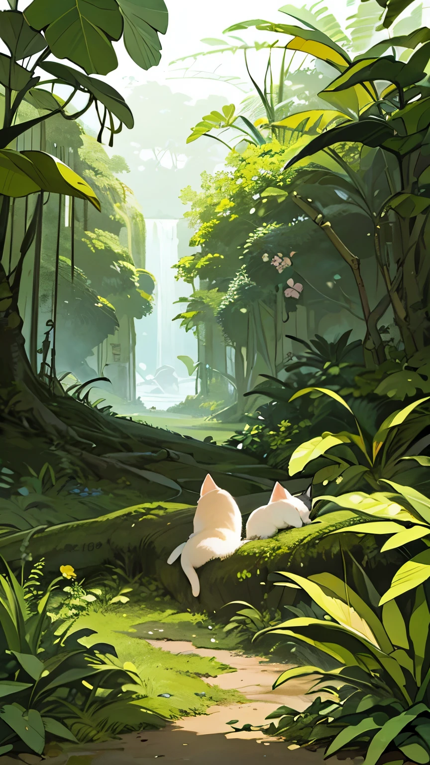 The tree々Digital painting of jungle scene, Deep jungle from another world, Fantasy Jungle, art nouveau jungle environment, Deep jungle texture, Jungle environment, eerie jungle, ,There is a fallen tree in the jungle, The white kitten is in the background of a forest and bushes full of flowers,Korean style