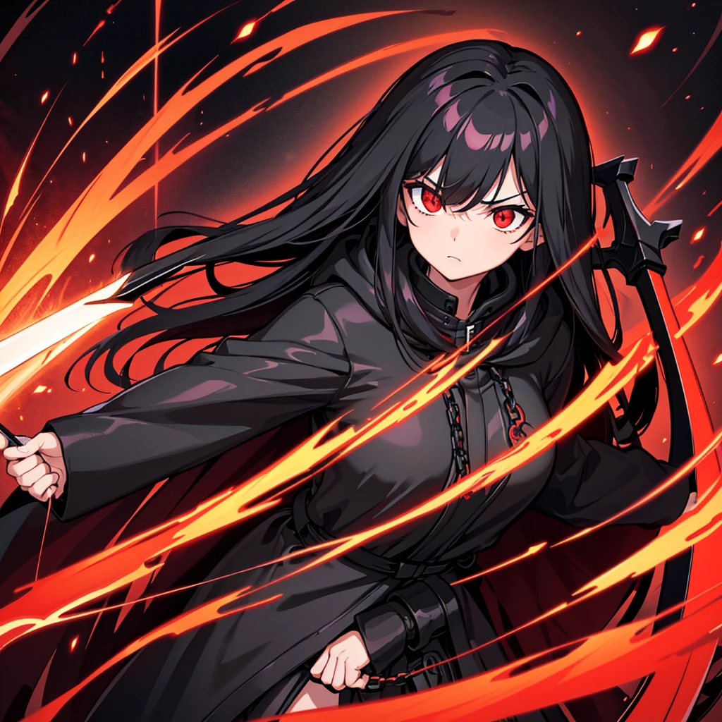 upper body, 1woman, black hair, Long Haired, Red eyes, (Crimson Lightning Angel), Black Long hoodie Cape, Black Large Scythe, tunic, big breats, wallpaper, Chain background, light particles, (masterpiece), best quality, Black mask, side-swept bangs, Top Quality, black large wing