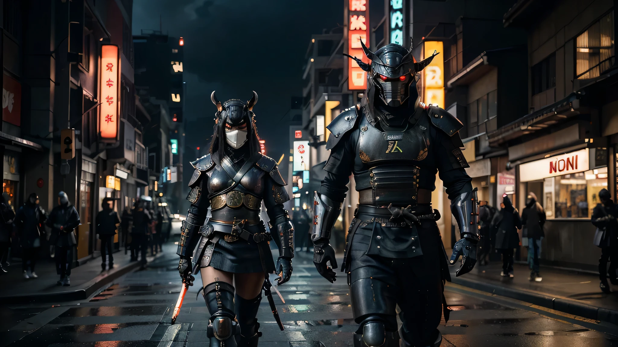 (masterpiece, ultra-high resolution:1.4), (photo of mecha women samurai wearing demon oni mask, full mecha samurai armor, head down, walking through a bright neon city at night, full body shot,:1.3), Mechanical Wonder, Robotic Presence, Cybernetic Guardian, katana on both hands,dramatic , heavy rain, sunset, dark clouds , mask and armor highly detailed, (japanese cyberpunk samurai armor and helm), (tall stature and muscular body:1.4), (Sony Alpha 1 camera, renowned for capturing the highest level of detail in a photo:1.3), (the samurai's cyber oni mask with perfect symmetry and flawless features:1.2), (standing with a commanding presence amidst the battlefield:1.1), emphasize of the mechanical armor, Cinematic, Hyper-detailed, insane details, Beautifully color graded, Unreal Engine, DOF, Super-Resolution, Megapixel, Cinematic Lightning, Anti-Aliasing, FKAA, TXAA, RTX, SSAO, Post Processing, Post Production, Tone Mapping, CGI, VFX, SFX, Insanely detailed and intricate, Hyper maximalist, Hyper realistic, Volumetric, Photorealistic, ultra photoreal, ultra-detailed, intricate details, 8K, Super detailed, Full color, Volumetric lightning, HDR, Realistic, Unreal Engine, 16K, Sharp focus, Octane render