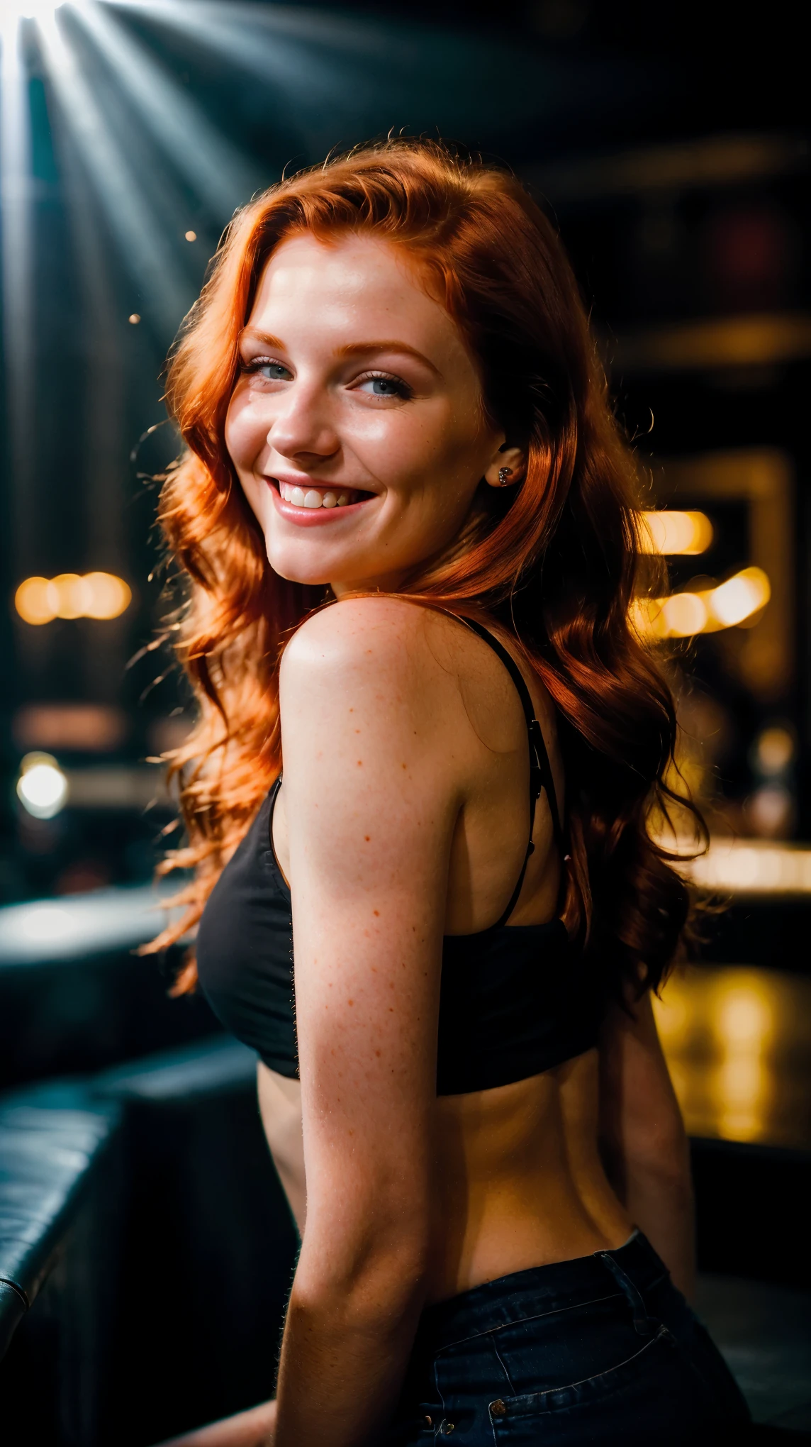 a beautiful 20 years old red head woman in a night club smiling under a spot light 