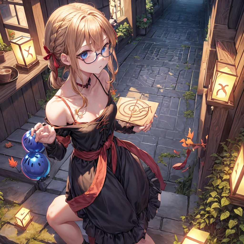 reddish-brown blonde、blue hair、blue eyes、Braid、one good looking girl、solo、anime、lattice柄のミニスカート、camisole、black t-shirt、Tilting your face、Doing the ribbon、Ribbon at waist、sunset sky、stone stairs、tunnel、Fallen leaves、wearing glasses、Burning、Light and shadow、maze、balloon、monster castle、lanthanum、corridor、Black socks、mossy stone、One leg is raised、lattice