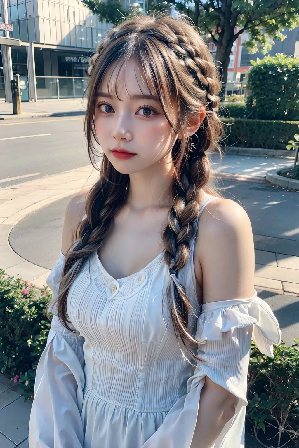 masterpiece,ultra high res,realistic,finely detail,extremely detailed,1girl,single braid,white hair,looking at viewer,pure color background,breasts,film grain,film overlay,morning glow,pastel sky,cool tones,sun rays,soft light,dress,