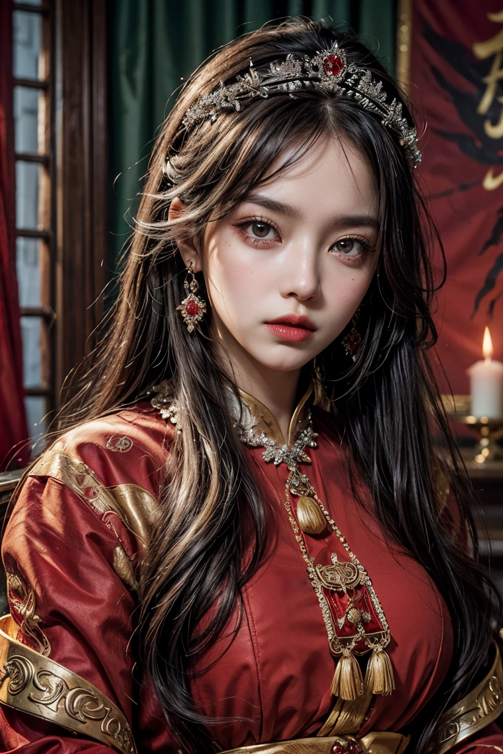 qu (dramatic, gritty, intense:1.4), masterpiece, best quality,8k, insane details, intricate details, hyper quality, high detail, ultra detailed, realistic, a woman in a red and gold dress with a tiara on her head, (solo:1.5), hair stick, blush, shy, black_hair, crown, (2 red candles), chinese_clothes, curtains, earrings, hair_ornament, hanfu, Perfect proportions, indoors, jewelry, long_sleeves, red dress, red lips,(Red quilt),(red palace:1.2), A shot with tension, (sky glows red, Visual impact, giving the poster a dynamic and visually striking appearance:1.2), Chinese Zen style, impactful picture, (upper body:1.5), eyeshadow, eyeliner, red lips, (Lower one's head,Gloom:1.3), detailed eye description, Delicate Faces,(Beautiful and detailed facial depiction), Realistic skin,