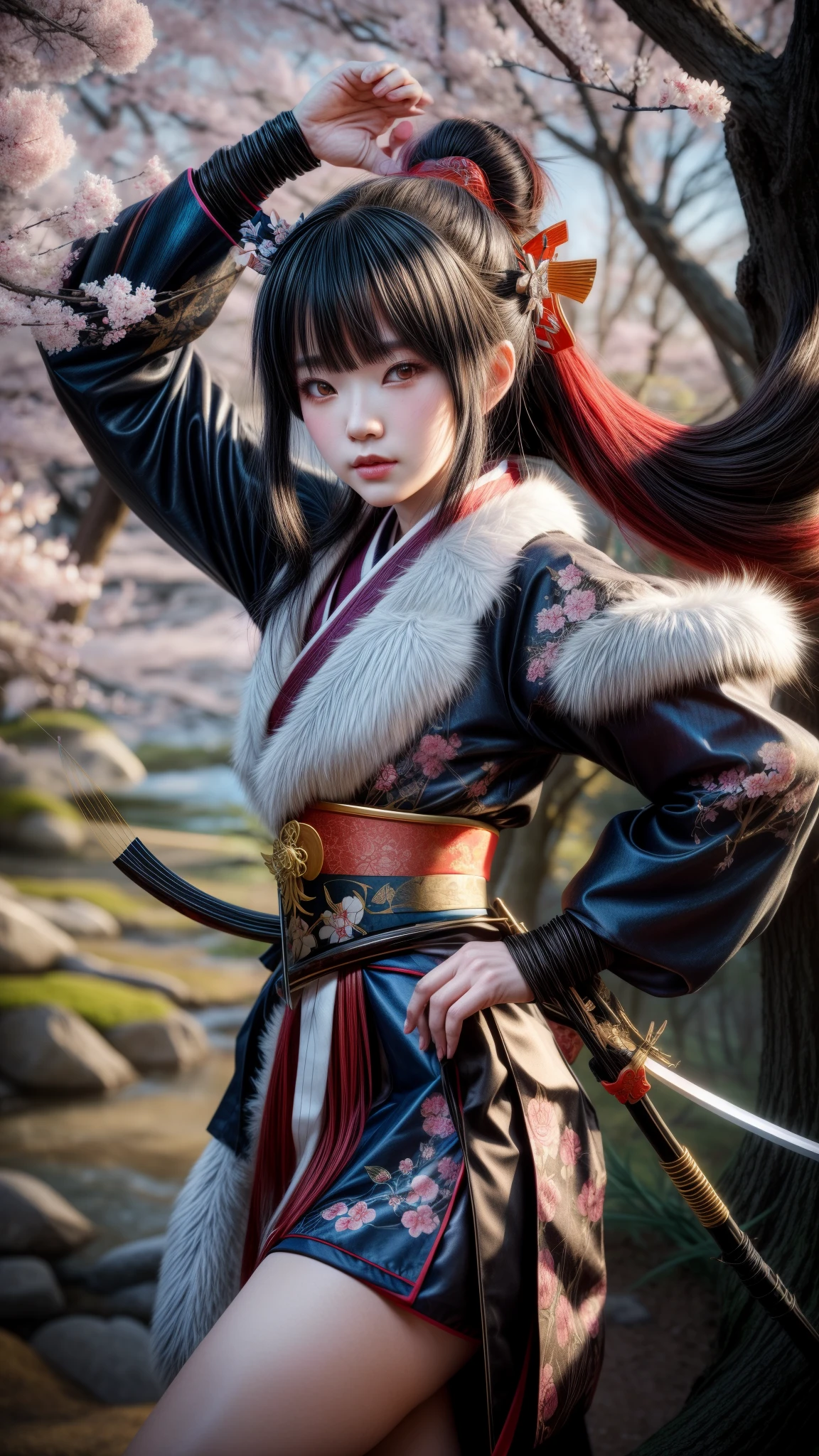 a woman in the sakura forest with a bow and a bow in her hand, onmyoji detailed art, extremely detailed artgerm, onmyoji, onmyoji portrait, artgerm detailed, anime girl with a bow and arrow, artwork in the style of guweiz, fox nobushi holding a naginata, artgerm. high detail