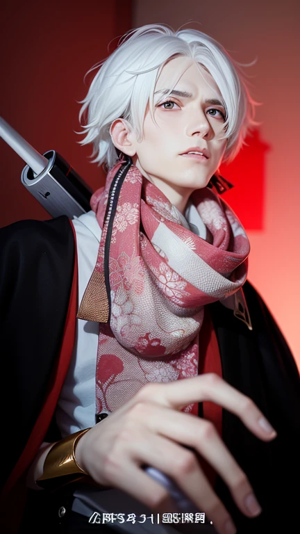 close-up of a white-haired person in a sleeveless black shirt, without a scarf, and a clear neck, kicking from Genshin effect, Chongli from Genshin effect, kai xukun, 2b, 2b, white-haired deity, anime cosplay, xqc, handsome japanese demon boy, cosplay photo, white-haired, cosplay, best anime wallpaper 4K konachan