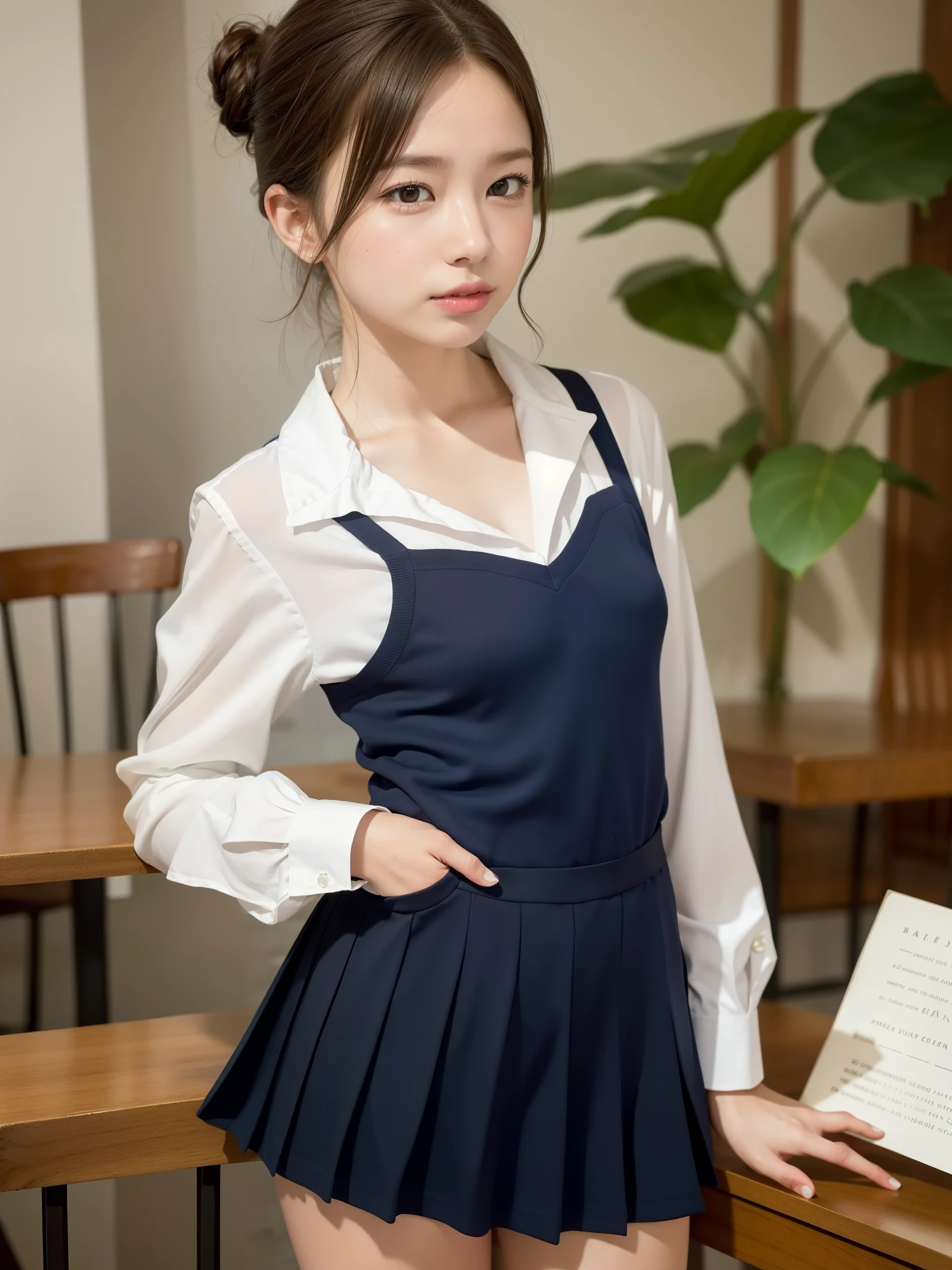 smile、((NSFW))、((camel toe))、((female organ:1.1))、(masterpiece, Highest image quality:1.2), 8k, 15 years old, Super slim slender beautiful girl, (When I lift up my navy blue short skirt、Full nude lower body、I can see my crotch:1.8)、short sleeveの白シャツ、Show me your ears、cute face、 body shot、school uniform、 (navy pleated skirt:1.1)、Waist tightening、thighs、short sleeve、Beholder's Perspective、(smile:0.4)、、Light shines on the face、clear lighting、background bokeh、(dark red tie:1.1)